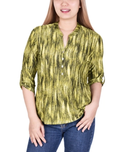 Ny Collection Petite 3/4 Roll Tab Sleeve Y-neck Top In Chartreuse