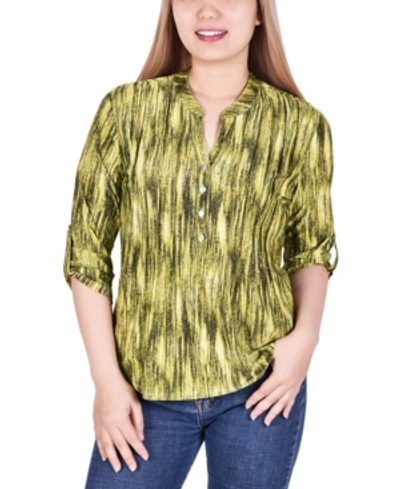 Ny Collection Petite 3/4 Roll Tab Sleeve Y-neck Top In Green