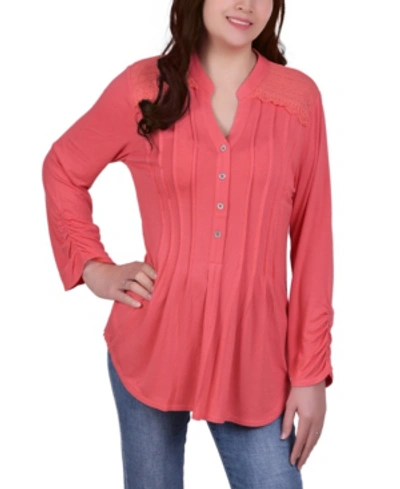 Ny Collection Plus Size Long Sleeve Pleat Front Y-neck Blouse With Rounded Hem In Klee Coral