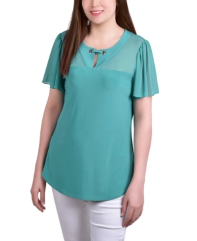 Ny Collection Petite Short Flutter Sleeve Pullover Top With Mesh Yoke And Grommets In Alhambra