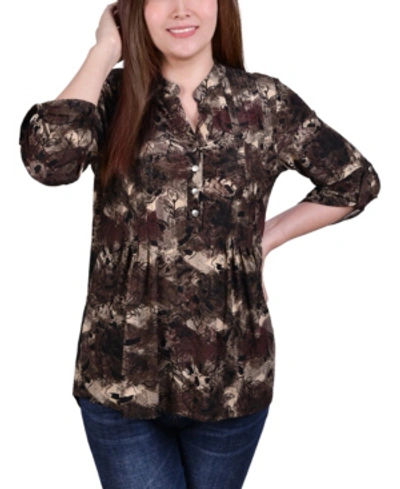 Ny Collection Petite 3/4 Roll Tab Sleeve Y-neck Top In Taupe Milaflor