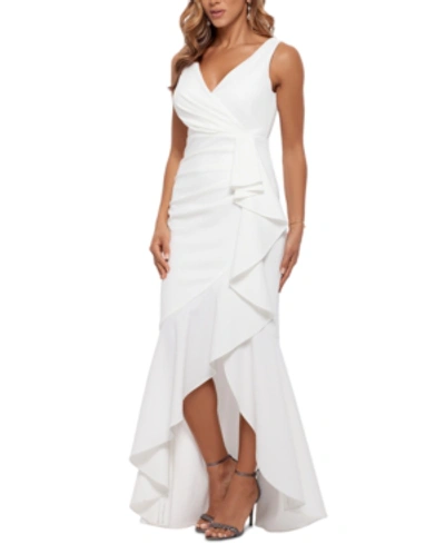 BETSY & ADAM PETITE RUFFLED HIGH-LOW MERMAID GOWN