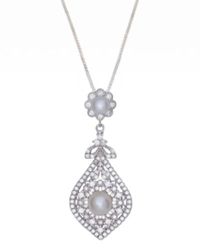 Macy's Cultured Freshwater Pearl (4 & 6mm) & Cubic Zirconia Vintage Filigree 18" Pendant Necklace In Sterli In White