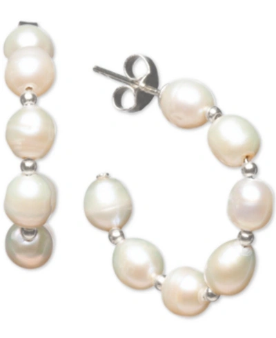 Macy's Cultured Freshwater Baroque Pearl (5- 5-1/2mm) & Polished Bead Small Hoop Earrings In Sterling Silve In White