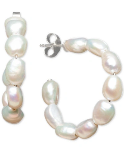 Macy's Cultured Freshwater Baroque Pearl (5-1/2 -6mm) Medium Hoop Earrings In Sterling Silver (also Availab In White