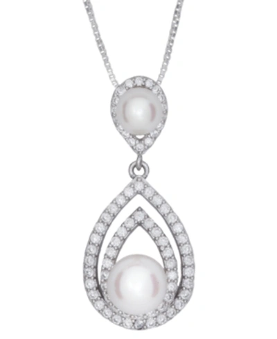Macy's Cultured Freshwater Pearl (5 & 7mm) & Cubic Zirconia Teardrop 18" Pendant Necklace In Sterling Silve In White