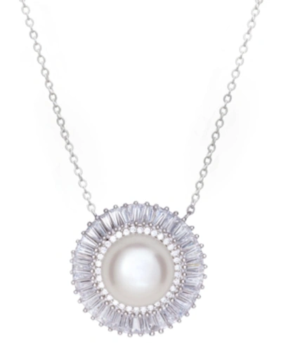 Macy's Cultured Freshwater Mabe Pearl (12mm) & Cubic Zirconia Baguette Pendant Necklace In Sterling Silver, In White
