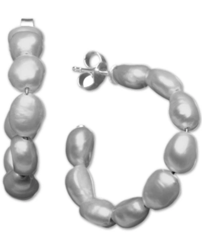 Macy's Cultured Freshwater Baroque Pearl (5-1/2 -6mm) Medium Hoop Earrings In Sterling Silver (also Availab In Grey