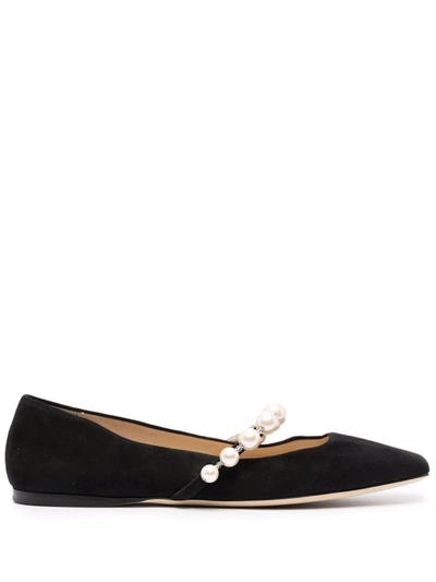 Jimmy Choo Ade Suede Pearly-stud Mary Jane Ballerina Flats In Black