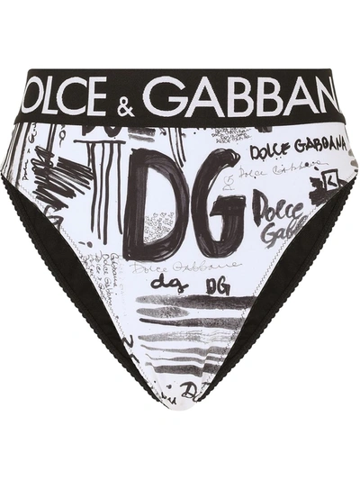 Dolce & Gabbana Jersey High-waisted Briefs With Dg Graffiti Print And Branded Elastic In Multicolor