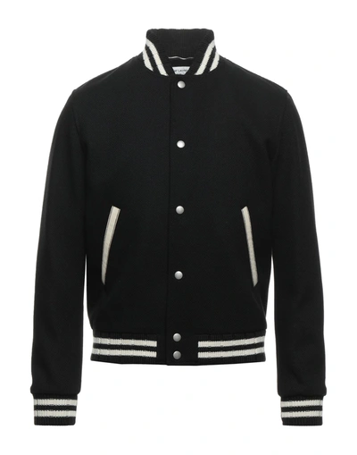 Saint Laurent Teddy Logo Patch Wool Blend Bomber Jacket In Noir