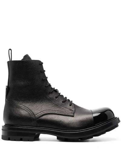 Alexander Mcqueen Grainth Leather Lace-up Boots In Black