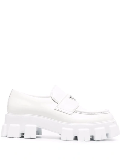 Prada Monolith Logo-plaque Loafers In Bianco