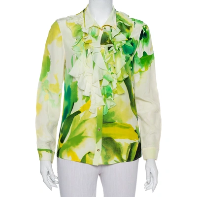 Pre-owned Roberto Cavalli Green Printed Silk Ruffled Detail Button Front Shirt M
