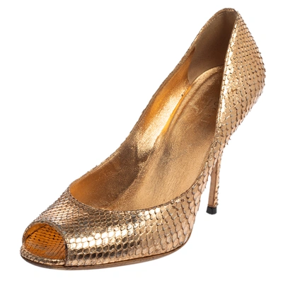 Pre-owned Gucci Gold Python Leather Peep Toe Pumps Size 37