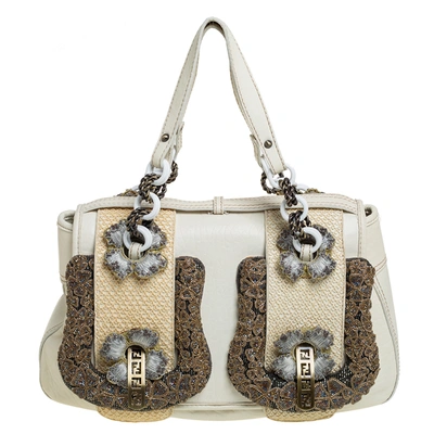 Pre-owned Fendi White Leather Beads Embellished B Shoulder Bag
