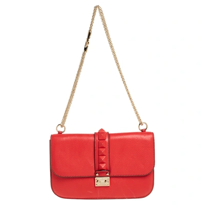 Pre-owned Valentino Garavani Red Leather Medium Rockstud Glam Lock Flap Bag