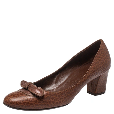 Pre-owned Ferragamo Brown Leather Block Heel Pumps Size 38.5