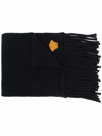 Versace Mens Black Logo-embroidered Wool-blend Scarf