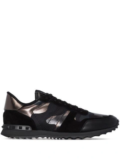 Valentino Garavani Rockrunner Camouflage Metallic Nappa Sneaker In Black