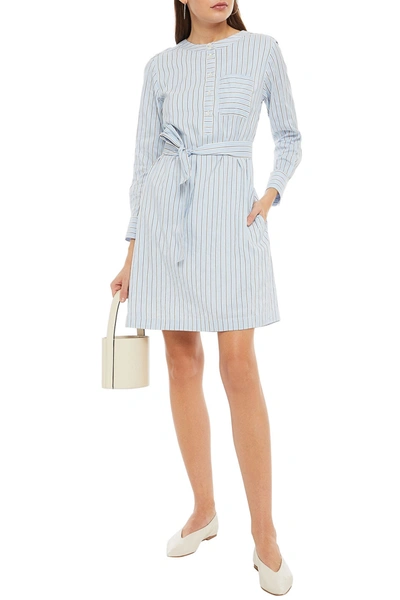 Apc Belted Striped Cotton And Silk-blend Mini Dress In Light Blue