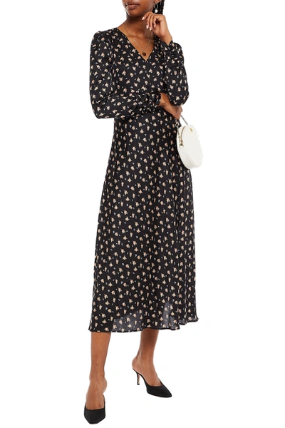 Maje Ruffle-trimmed Ruched Floral-print Satin Midi Dress In Black