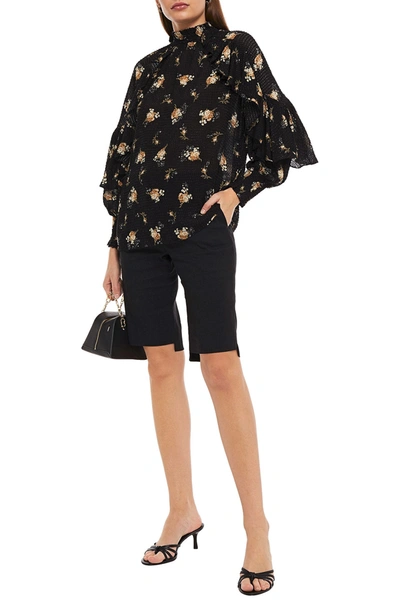 Maje Ruffled Floral-print Fil Coupé Woven Blouse In Black