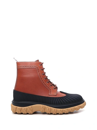 Thom Browne Camel Calf Leather Rubber Sole Longwing Duck Boot In Brown