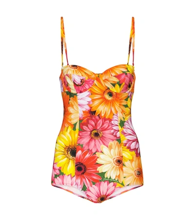 Dolce & Gabbana One-piece Swimsuit With Gerbera-daisy Print In Multicolor