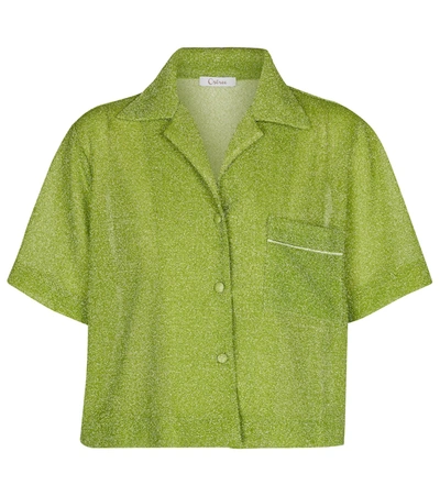 Oseree Womens Lime Lumiere Metallic Stretch-woven Bowling Shirt M/l In Grün