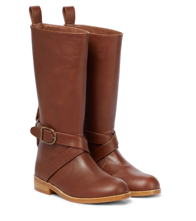 Chloé Kids' Logo-engraved Buckle-detail Tall Boots In Brown