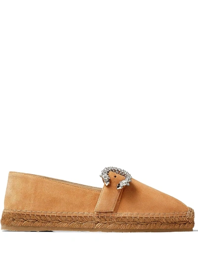 Jimmy Choo Dru Suede Crystal-buckle Espadrille Loafers In Caramel/crystal