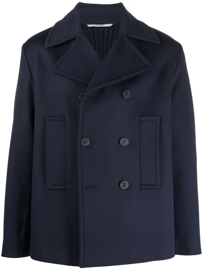 Valentino Ribbed-panel Double-breasted Coat In Blau