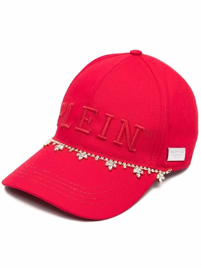 Philipp Plein Crystal-embellished Embroidered Cap In Red