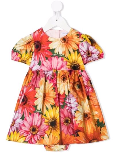 Dolce & Gabbana Kids' Floral-print Short-sleeve Dress In 橘色