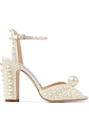 Jimmy Choo Sacaria Faux Pearl-embellished Satin Peep-toe Sandals In White/white