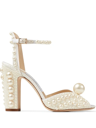 Jimmy Choo Sacaria Faux Pearl-embellished Satin Peep-toe Sandals In White/white