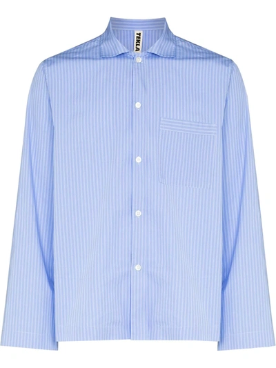 Tekla Organic Cotton Poplin Button-up Pajama Shirt In Blue