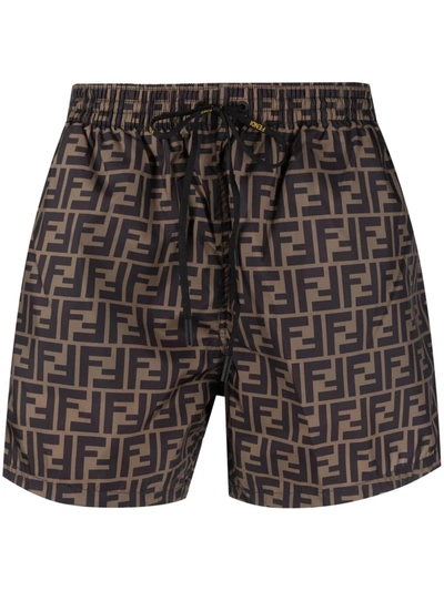 Fendi Ff-logo Drawstring Swim Shorts In Brown