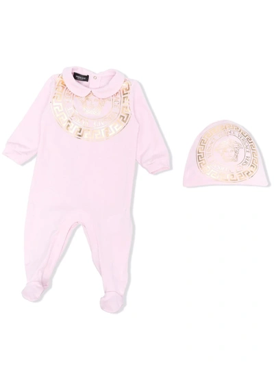Versace Babies' Medusa印花平纹针织连体衣&帽子 In Pink,gold