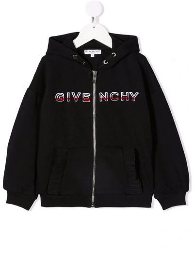Givenchy Kids' Girl's Ruffle-pocket Logo Zip Hoodie Jacket In Black