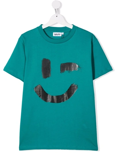 Molo Teen Wink-smiley Cotton T-shirt In Blue