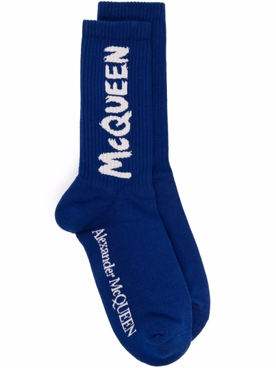 Alexander Mcqueen Logo-intarsia Ribbed Socks In Blue
