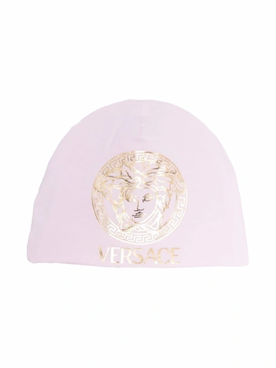 Versace Babies' Metallic Logo-print Beanie In Pink