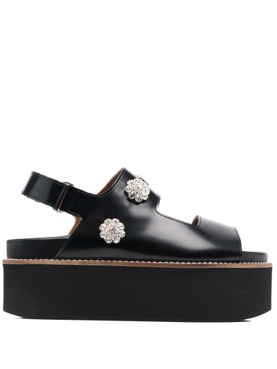 Ganni Crystal Floral Charm Slingback Leather Platform Sandals In Black