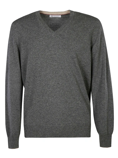Brunello Cucinelli V-neck Ribbed Sweater In Grigio