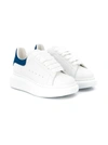 ALEXANDER MCQUEEN WHITE LEATHER OVERSIZE SNEAKERS WITH BLUE HEEL TAB,587691WHX129086