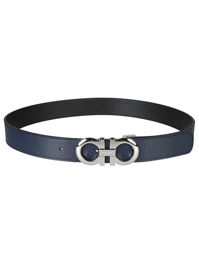 Ferragamo Men's Reversible Leather Gancini-buckle Belt In Blue