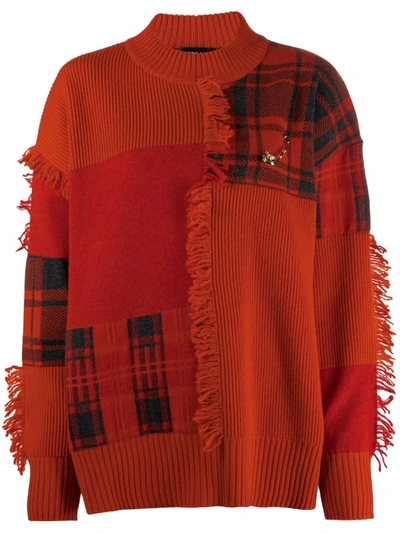 Versace Embellished Fringed Patchwork Wool Sweater In Red