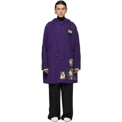 Raf Simons Mens Purple Graphic-pattern Cotton Hooded Parka Coat 40